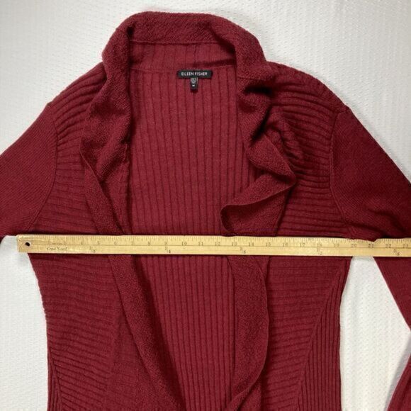 Eileen Fisher Wool Cardigan Sweater Womens Medium Burgundy Open Front Ruffle Hem - Picture 9 of 16